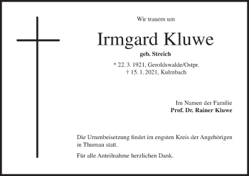 Anzeige von Irmgard Kluwe von MGO