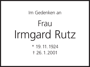 Anzeige von Irmgard Rutz von MGO