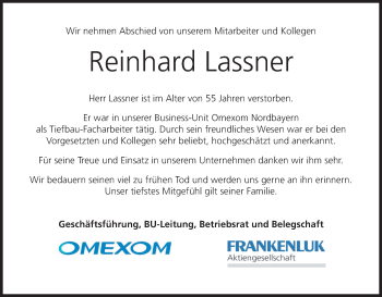 Anzeige von Reinhard Lassner von MGO