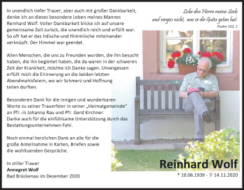 Anzeige von Reinhard Wolf von MGO