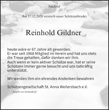 Anzeige von Reinhold Gildner von MGO