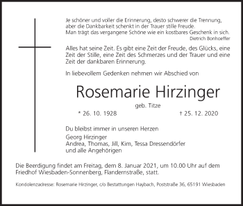 Anzeige von Rosemarie Hirzinger von MGO