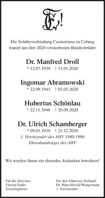 Anzeige von Ulrich Schamberger von MGO
