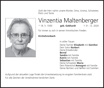 Anzeige von Vinzentia Maltenberger von MGO