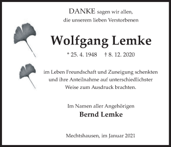 Anzeige von Wolfgang Lemke von MGO