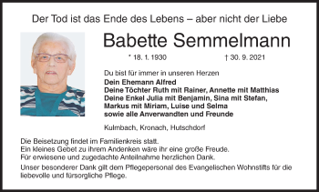 Anzeige von Babette Semmelmann von MGO