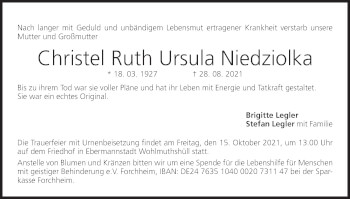 Anzeige von Christel Ruth Ursula Niedziolka von MGO