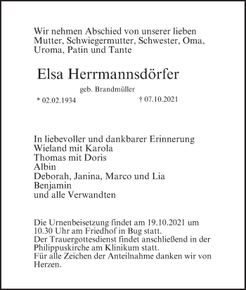 Anzeige von Elsa Herrmannsdörfer von MGO