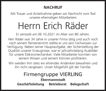 Anzeige von Erich Räder von MGO