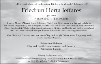 Anzeige von Friedrun Herta Jeffares von MGO