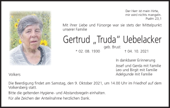 Anzeige von Gertrud  Uebelacker von MGO