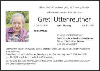 Anzeige von Gretl Uttenreuther von MGO