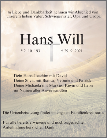 Anzeige von Hans Will von MGO