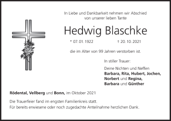 Anzeige von Hedwig Blaschke von MGO