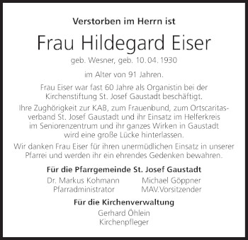 Anzeige von Hildegard Eiser von MGO