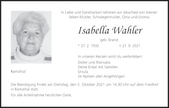 Anzeige von Isabella Wahler von MGO