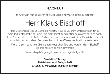 Anzeige von Klaus Bischoff von MGO