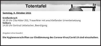 Anzeige von Totentafel vom 09.10.2021 von MGO