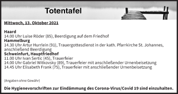 Anzeige von Totentafel vom 13.10.2021 von MGO