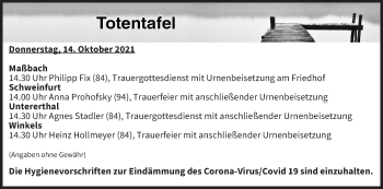 Anzeige von Totentafel vom 14.10.2021 von MGO