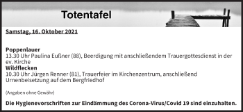 Anzeige von Totentafel vom 16.10.2021 von MGO