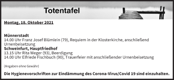 Anzeige von Totentafel vom 18.10.2021 von MGO