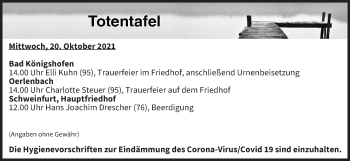 Anzeige von Totentafel vom 20.10.2021 von MGO