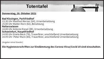 Anzeige von Totentafel vom 28.10.2021 von MGO