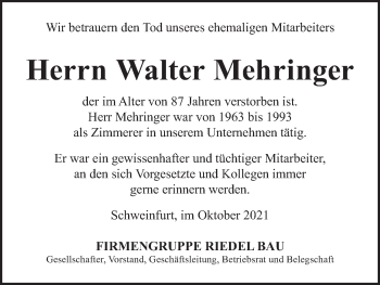 Anzeige von Walter Mehringer von MGO