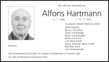 Anzeige von Alfons Hartmann von MGO