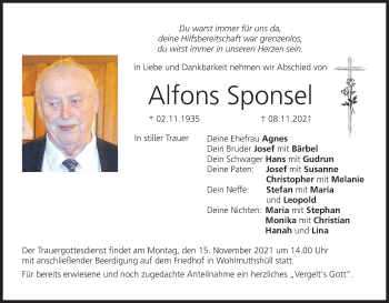Anzeige von Alfons Sponsel von MGO