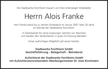 Anzeige von Alois Franke von MGO