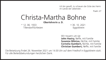 Anzeige von Christa-Martha Bohne von MGO