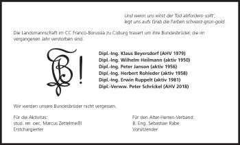 Anzeige von Die Landsmannschaft im CC Franco-Borussia zu Coburg trauert um von MGO