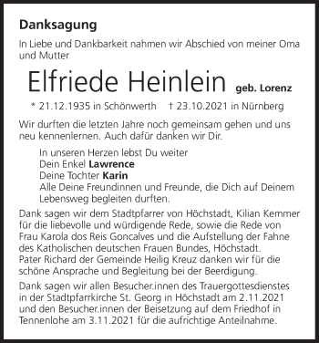 Anzeige von Elfriede Heinlein von MGO