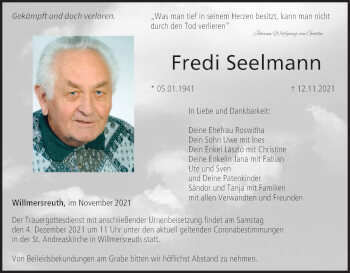 Anzeige von Fredi Seelmann von MGO