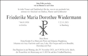 Anzeige von Friederike Maria Dorothee Wiedermann von MGO