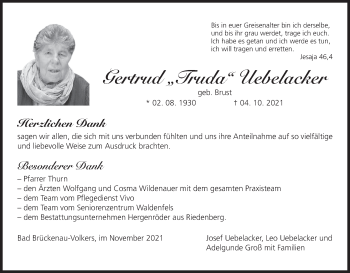 Anzeige von Gertrud  Uebelacker von MGO