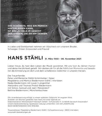 Anzeige von Hans Stähli von MGO