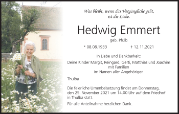 Anzeige von Hedwig Emmert von MGO