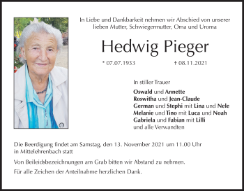 Anzeige von Hedwig Pieger von MGO
