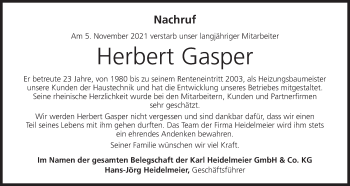 Anzeige von Herbert Gasper von MGO