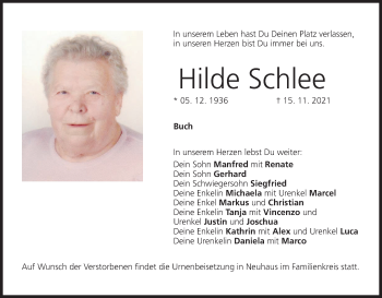 Anzeige von Hilde Schlee von MGO