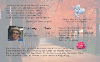 Anzeige von Ida  Lang von MGO