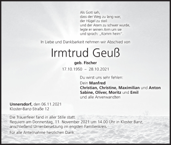 Anzeige von Irmtrud Geuß von MGO
