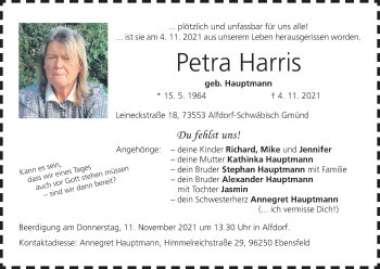 Anzeige von Petra Harris von MGO