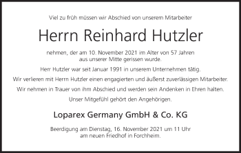 Anzeige von Reinhard Hutzler von MGO