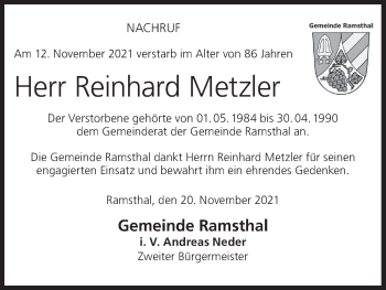 Anzeige von Reinhard Metzler von MGO