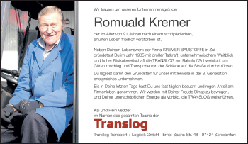 Anzeige von Romuald Kremer von MGO