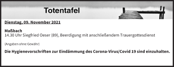 Anzeige von Totentafel vom 09.11.2021 von MGO